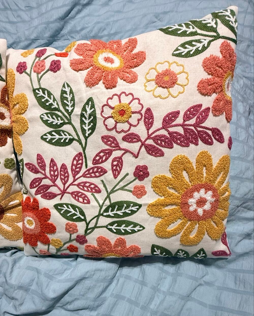 Two new decorative throw pillows Textured punch-needle style floral embroidery